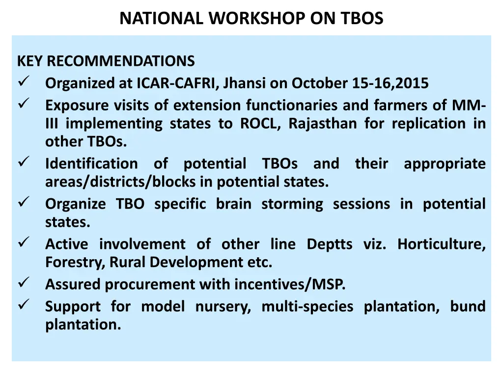 national workshop on tbos