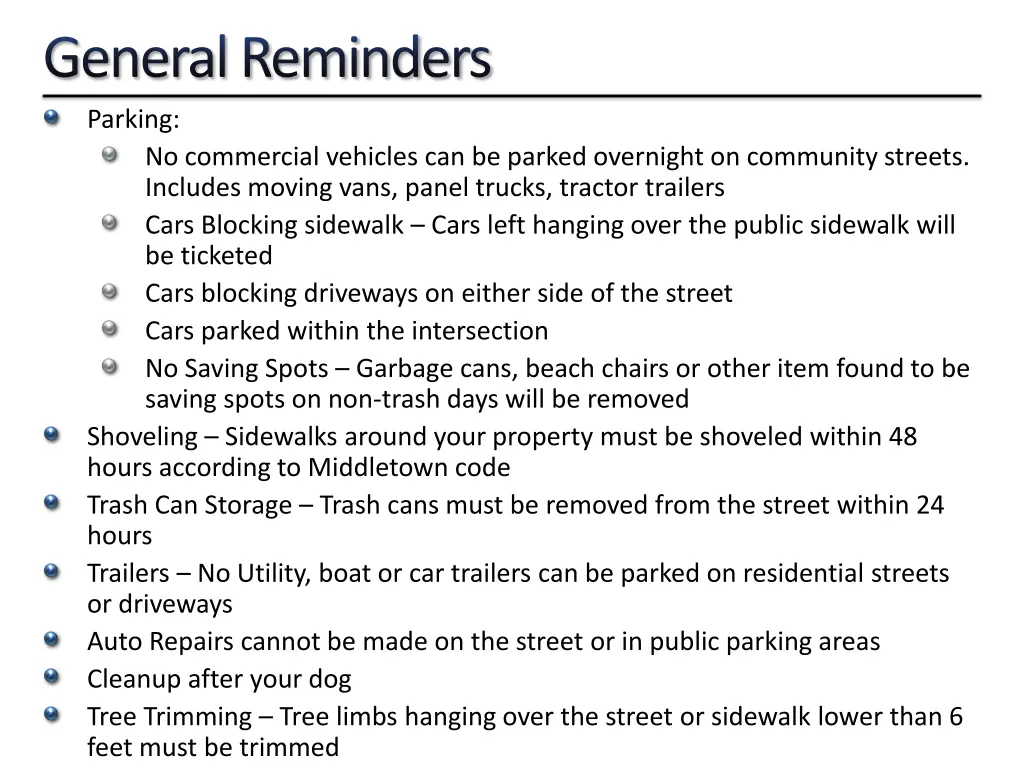 general reminders parking no commercial vehicles