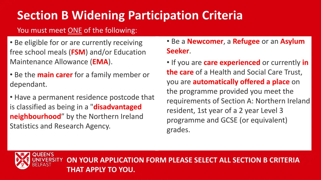 section b widening participation criteria