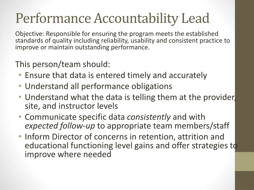 performance accountability lead