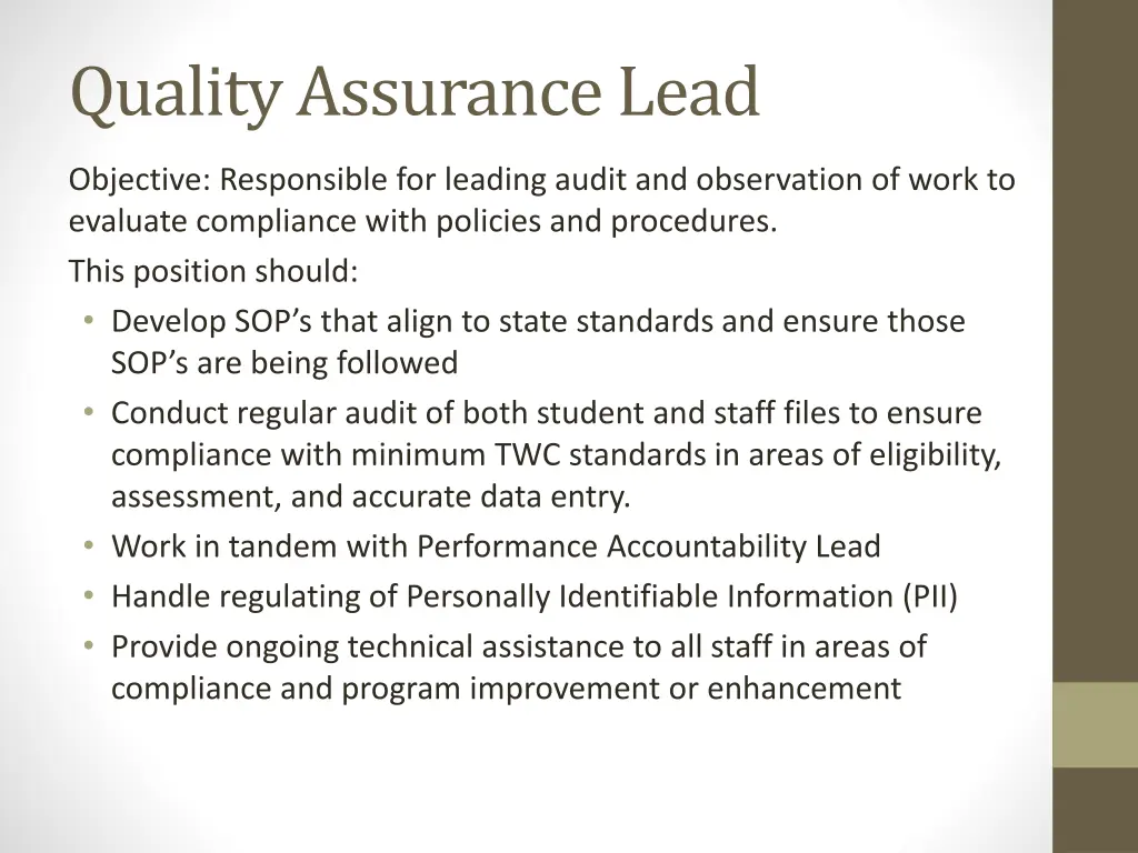 quality assurance lead