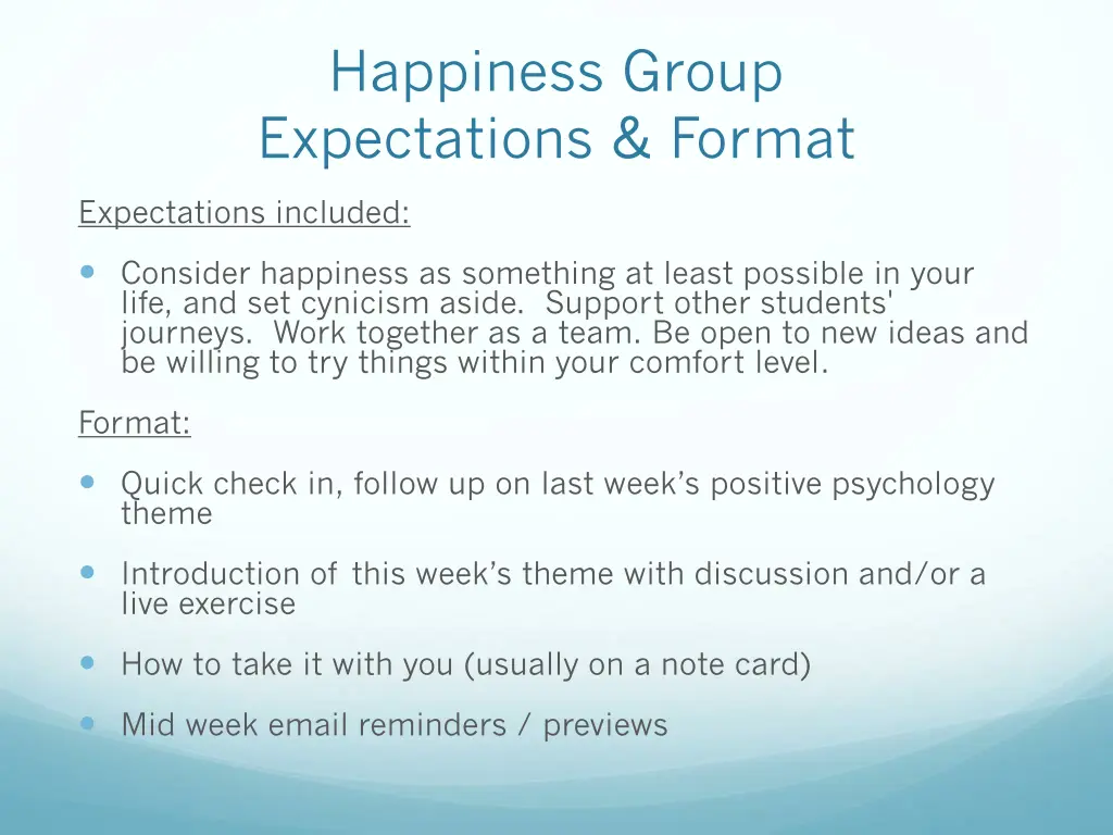 happiness group expectations format