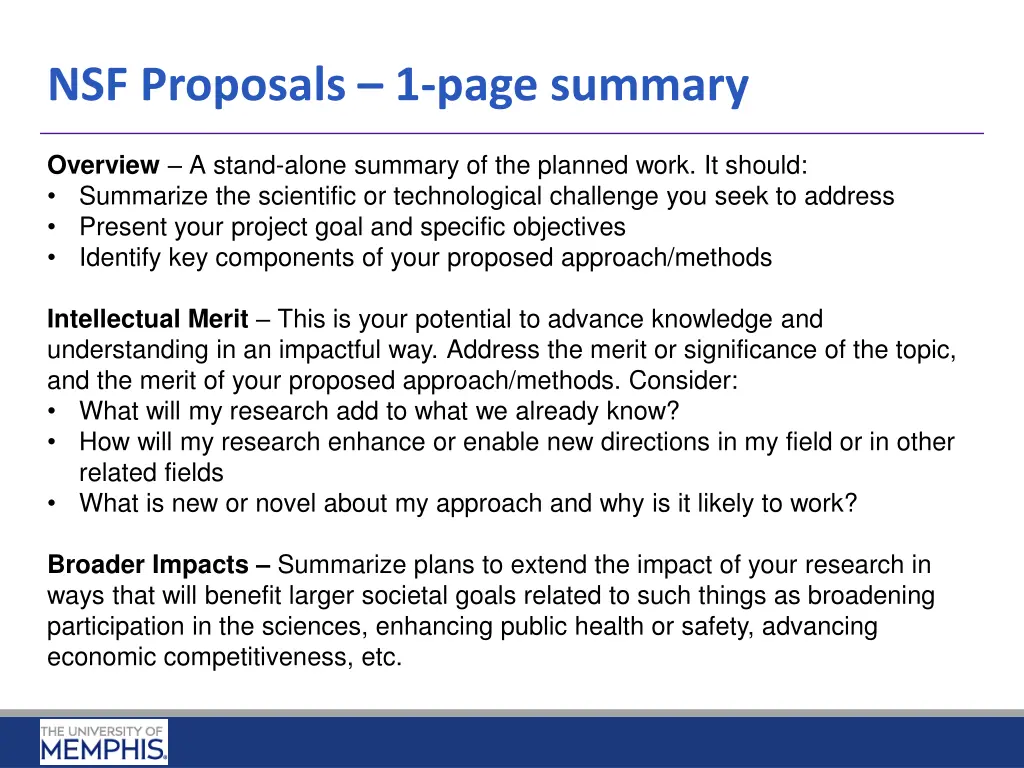 nsf proposals 1 page summary