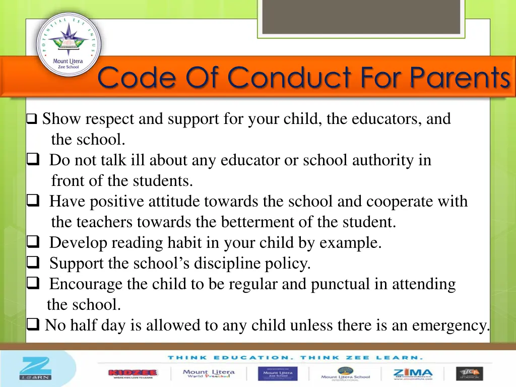 code of conduct for parents