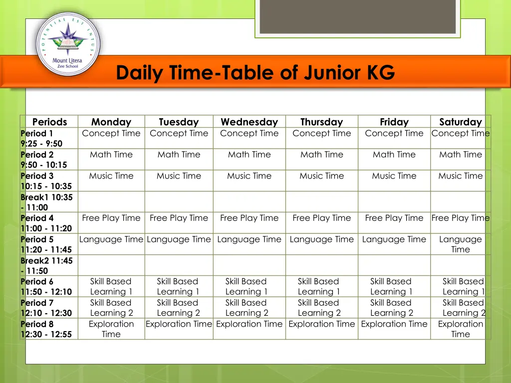 daily time table of junior kg