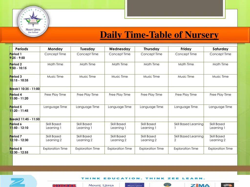 daily time table of nursery