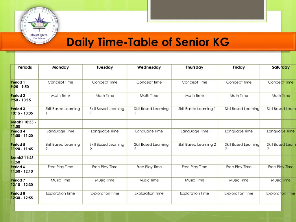 daily time table of senior kg