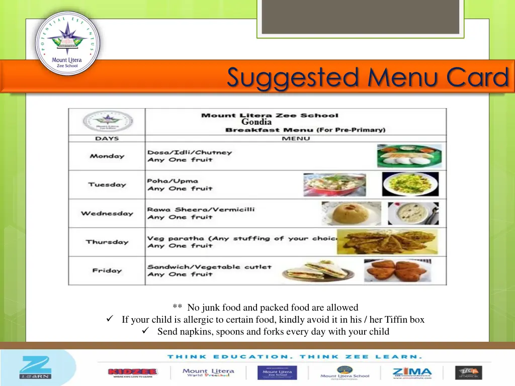 suggested menu card