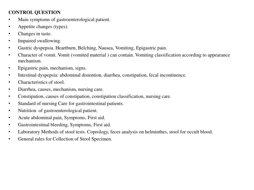 control question main symptoms