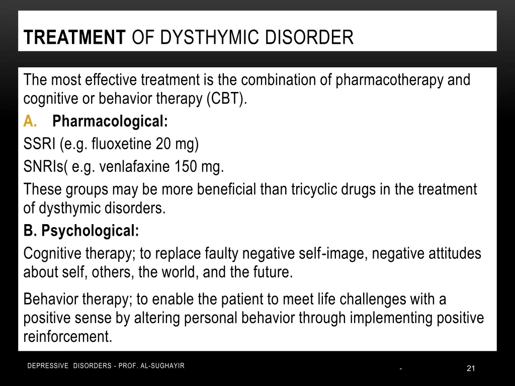 treatment of dysthymic disorder