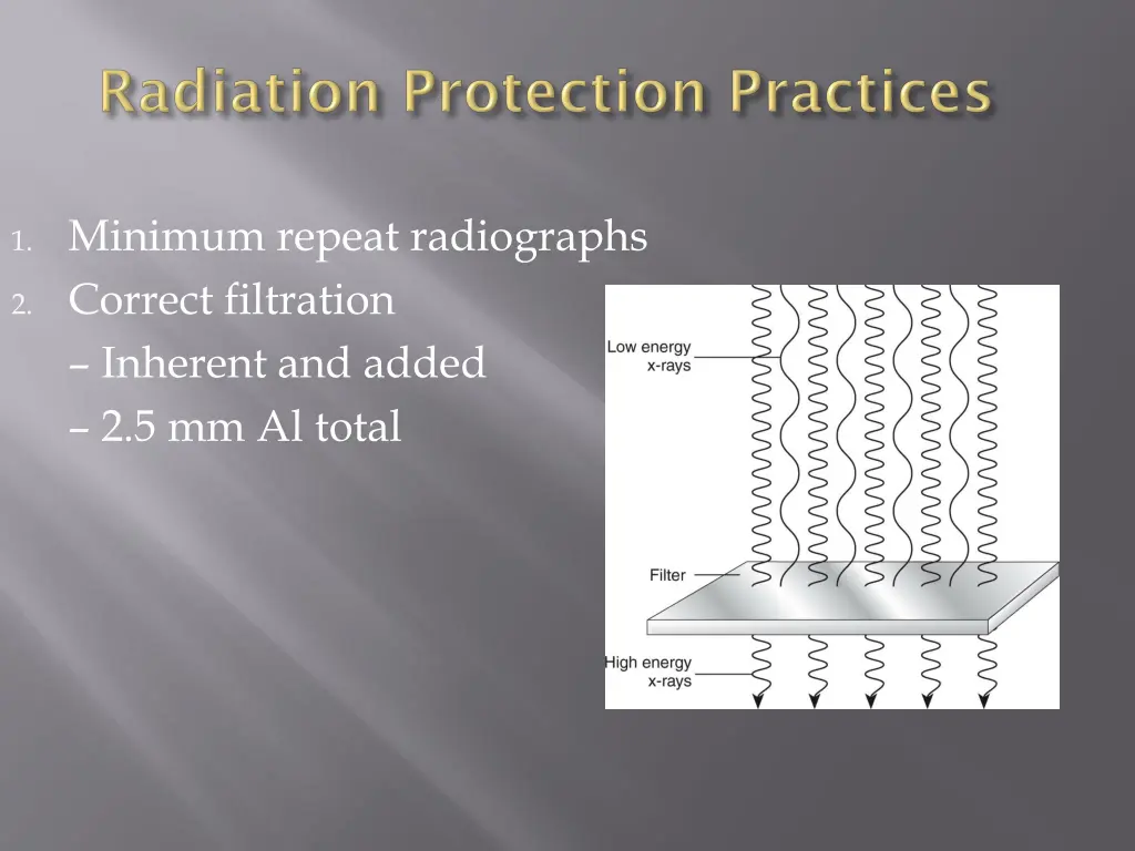 1 minimum repeat radiographs 2 correct filtration