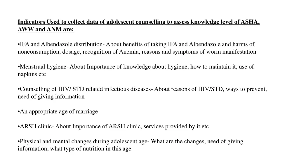 indicators used to collect data of adolescent