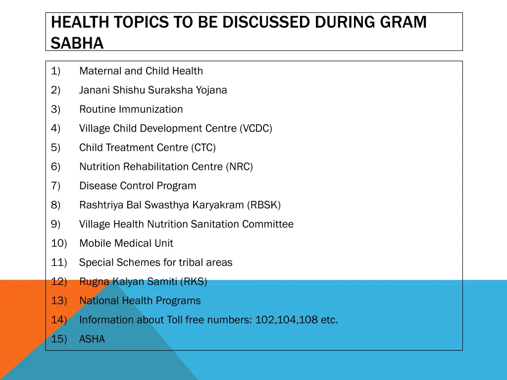 health topics to be discussed during gram sabha