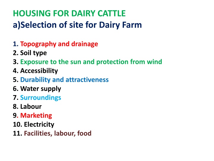 housing for dairy cattle a selection of site