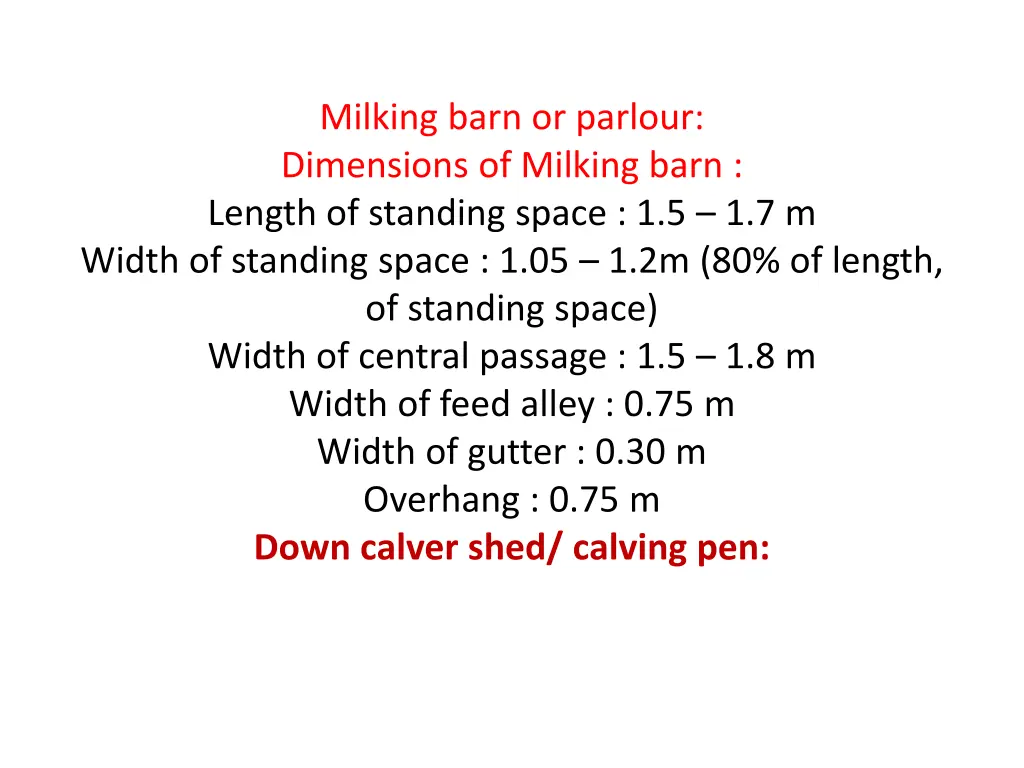 milking barn or parlour dimensions of milking