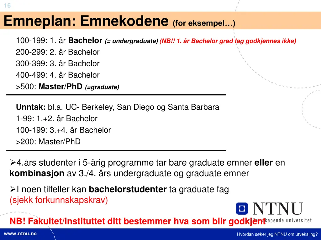 16 emneplan emnekodene for eksempel