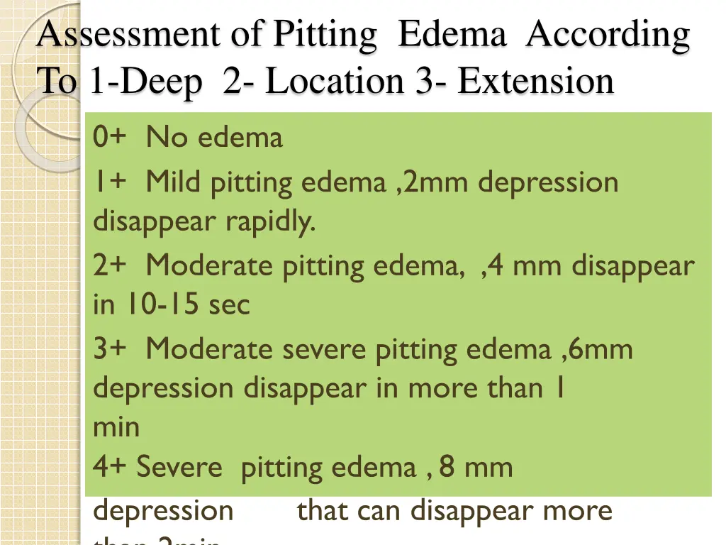 assessment of pitting edema according to 1 deep