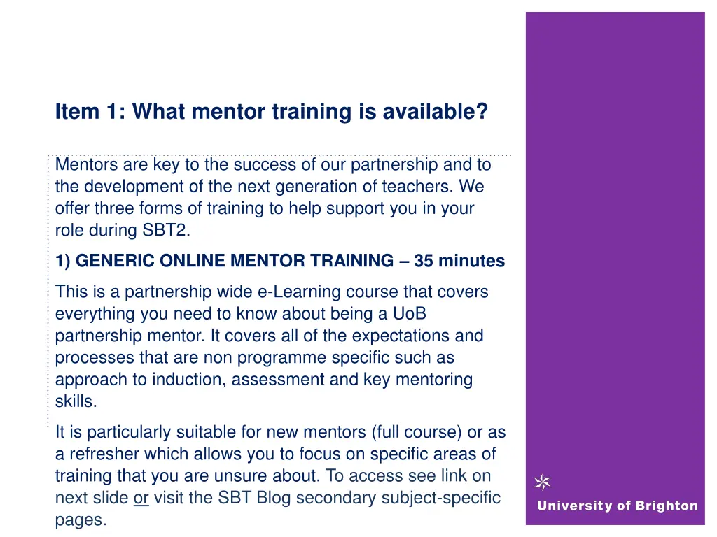 item 1 what mentor training is available