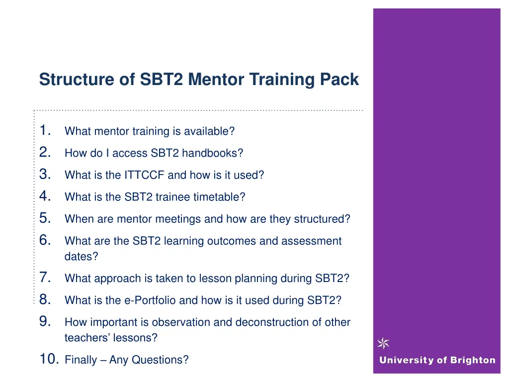 structure of sbt2 mentor training pack