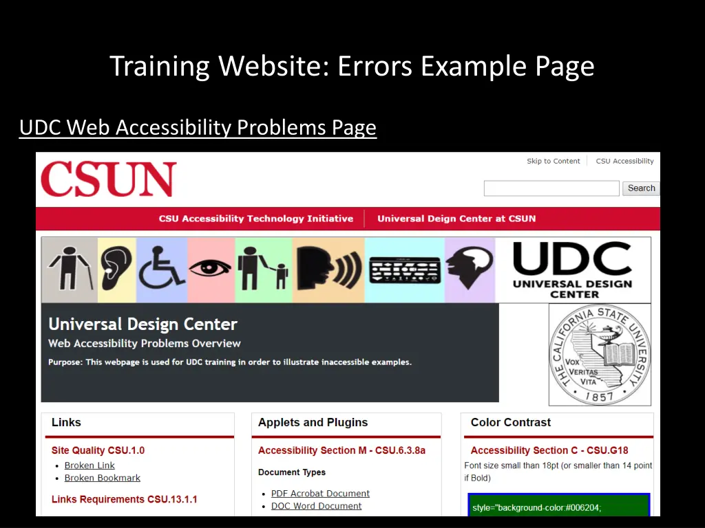 training website errors example page