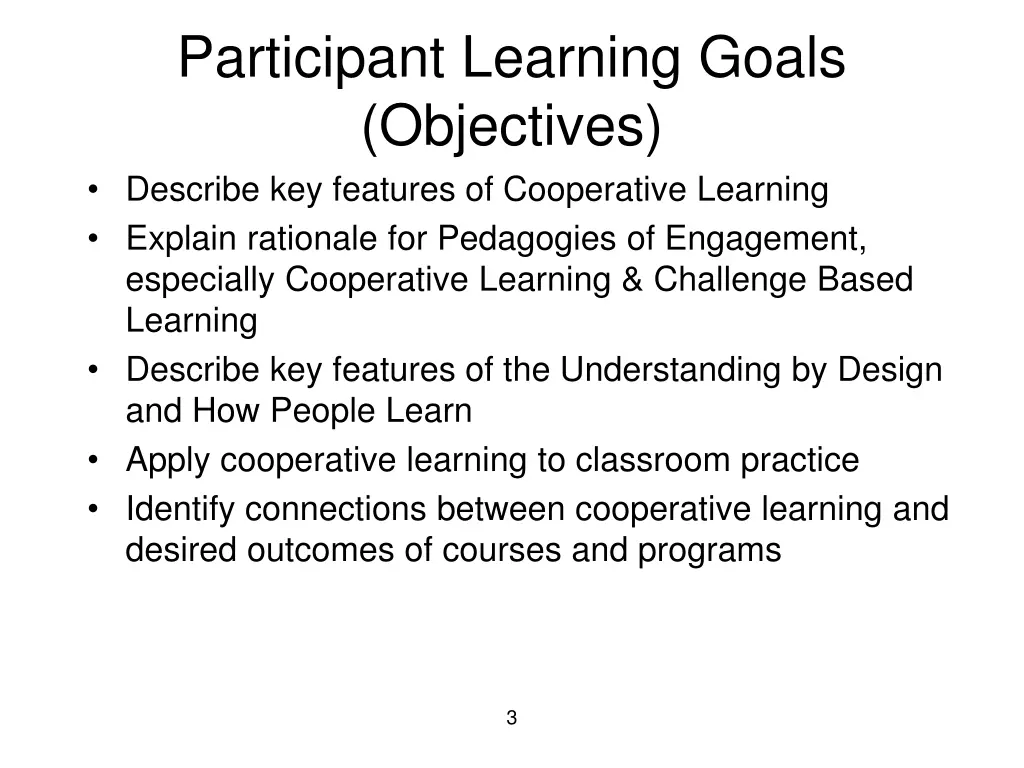 participant learning goals objectives describe