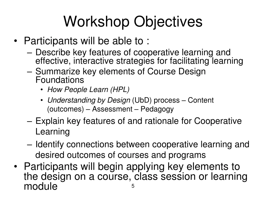 workshop objectives participants will be able