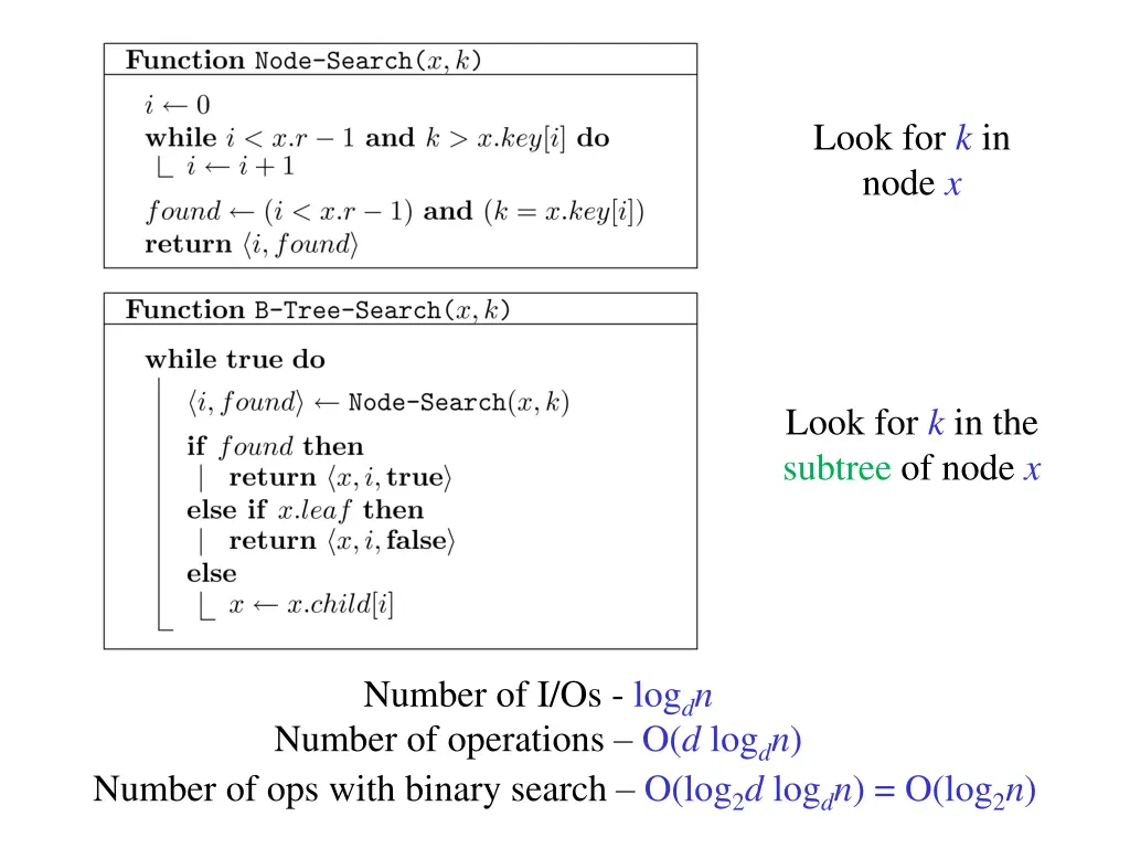 look for k in node x