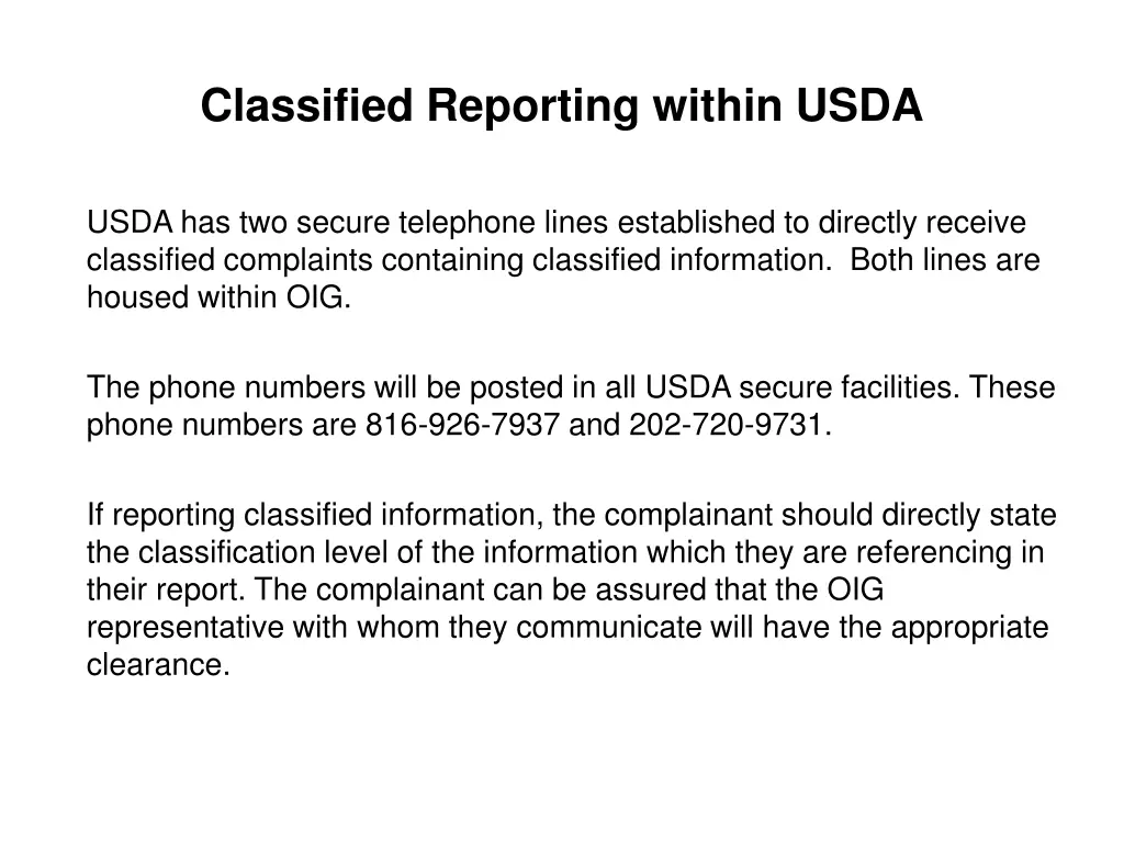 classified reporting within usda