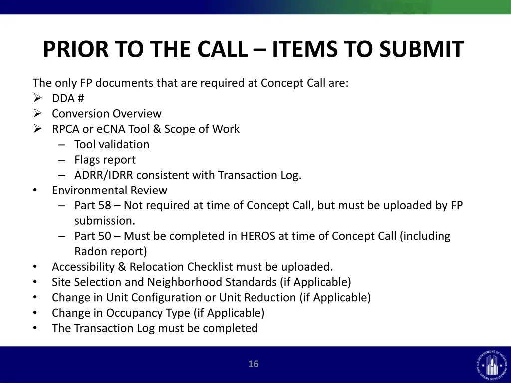 prior to the call items to submit