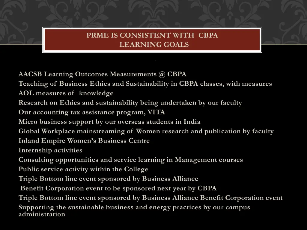 prme is consistent with cbpa learning goals