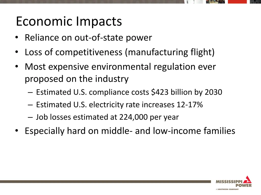 economic impacts reliance on out of state power