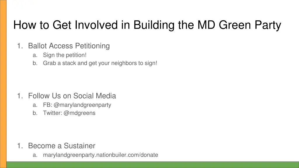 how to get involved in building the md green party