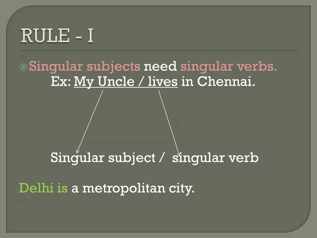 singular subjects need singular verbs ex my uncle