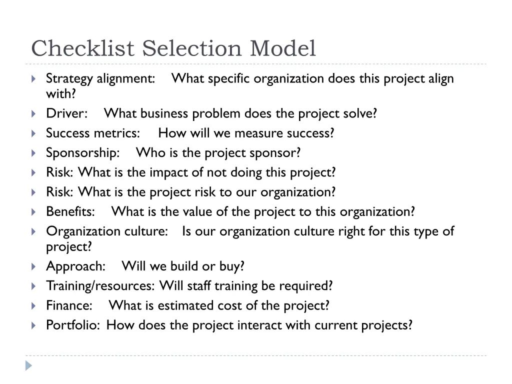 checklist selection model