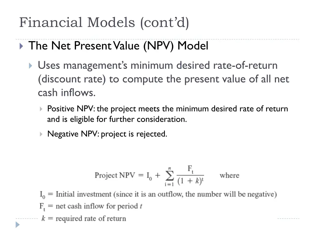 financial models cont d