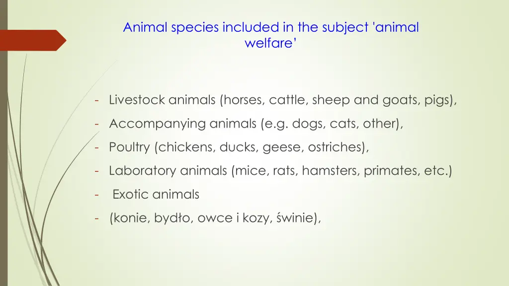 animal species included in the subject animal