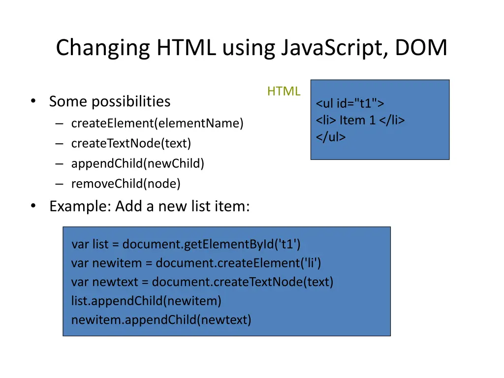 changing html using javascript dom