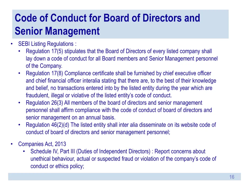 code of conduct for board of directors and senior