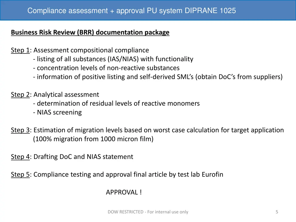 compliance assessment approval pu system diprane