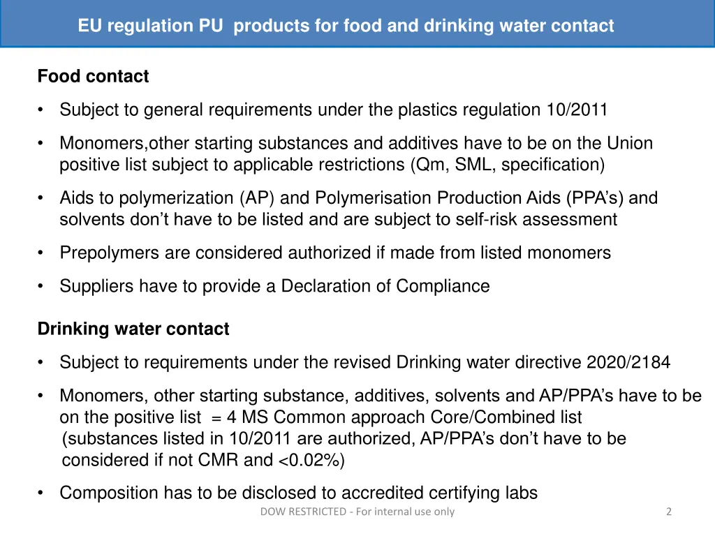 eu regulation pu products for food and drinking