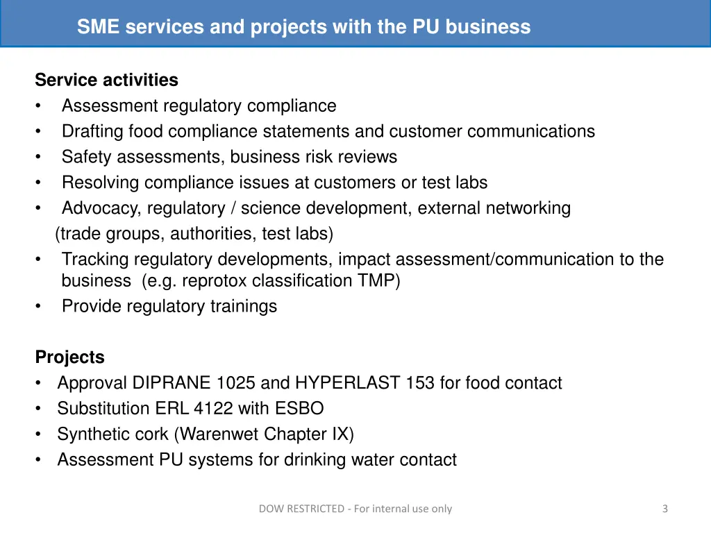 sme services and projects with the pu business