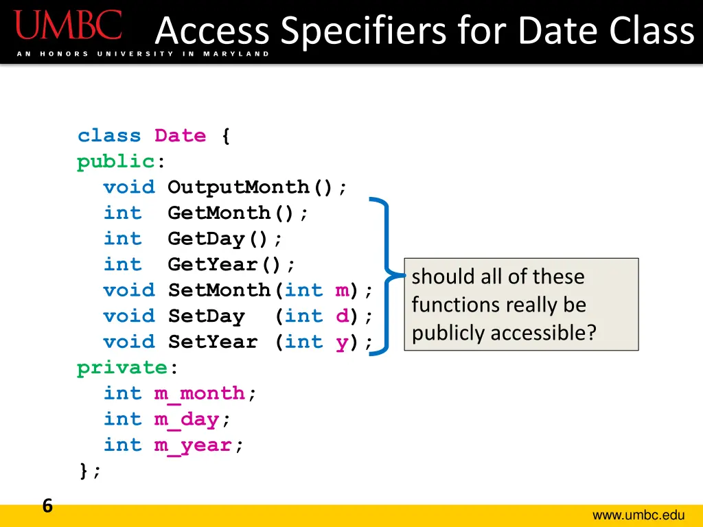 access specifiers for date class