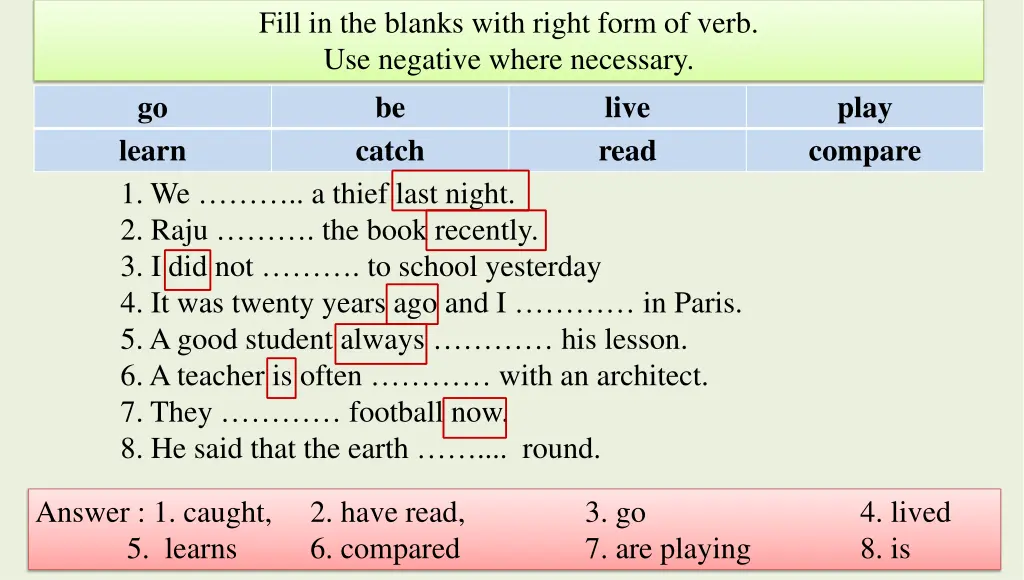 fill in the blanks with right form of verb