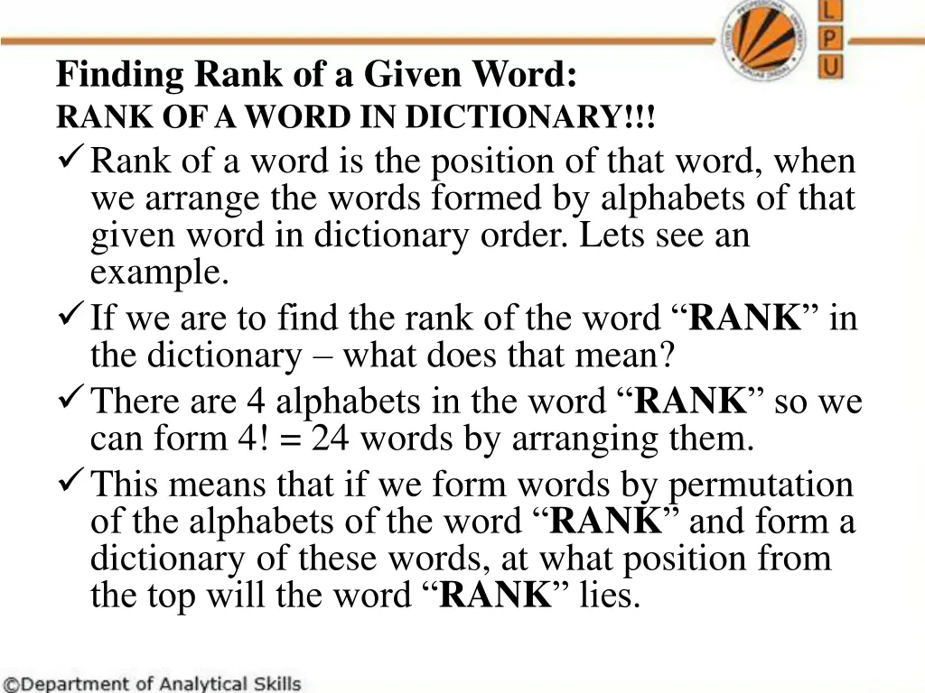 finding rank of a given word rank of a word