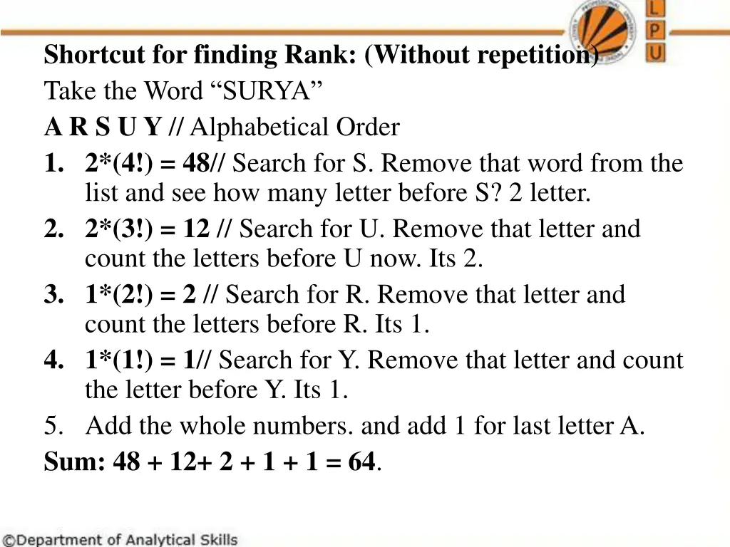 shortcut for finding rank without repetition take