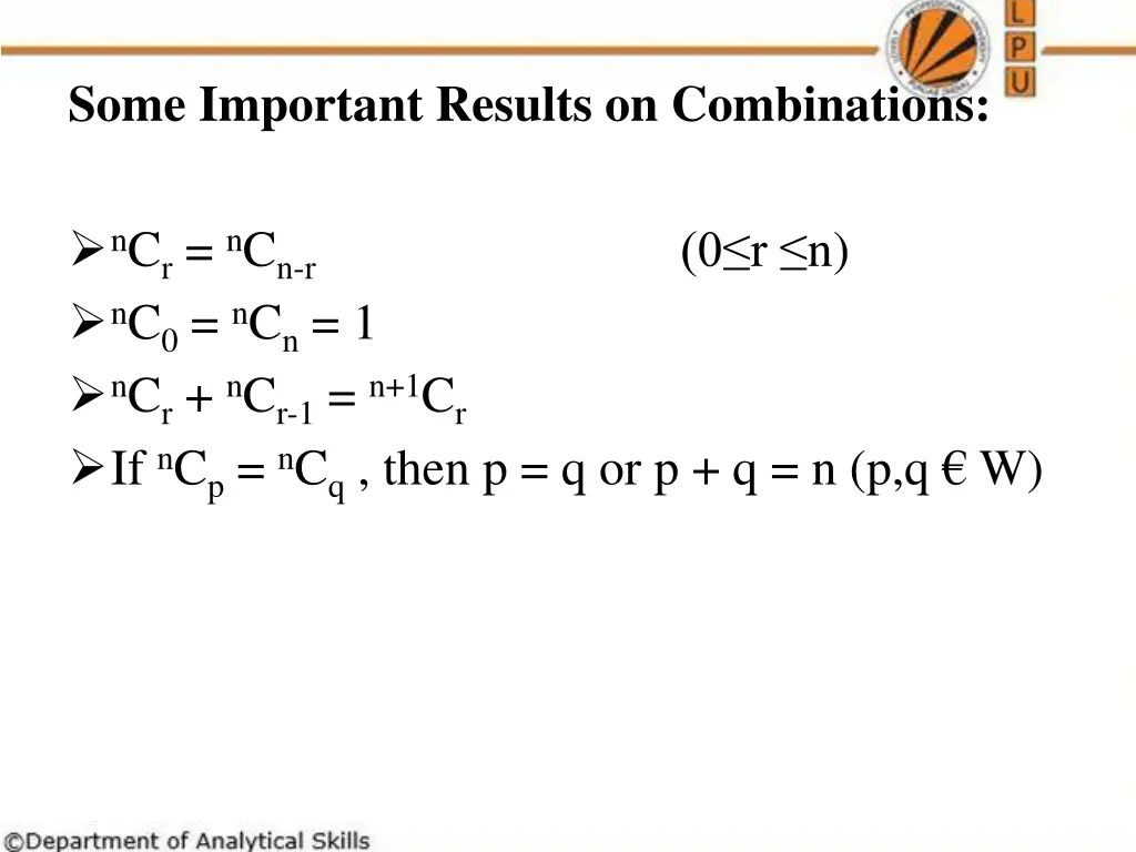 some important results on combinations