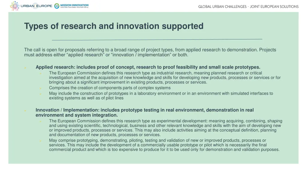 types of research and innovation supported