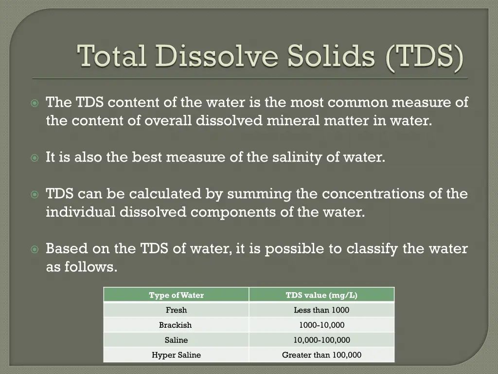 the tds content of the water is the most common