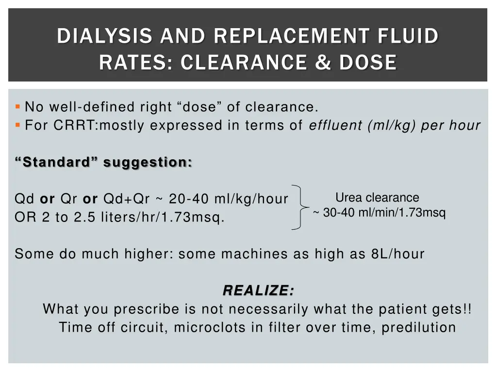 dialysis and replacement fluid rates clearance 1