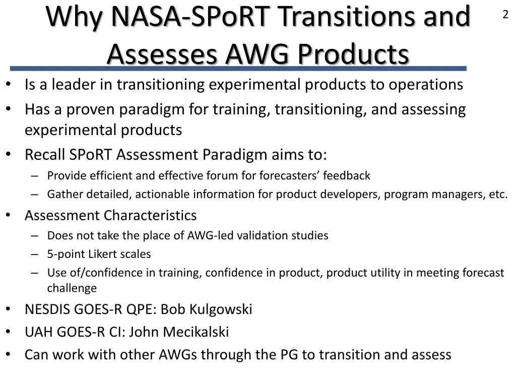 why nasa sport transitions and assesses